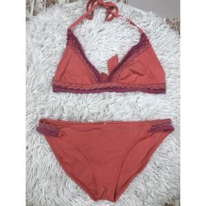 BECCA Rebecca Virtue Sunrise Orange Banded Halter Top & Bottom Bikini Set Sz XL